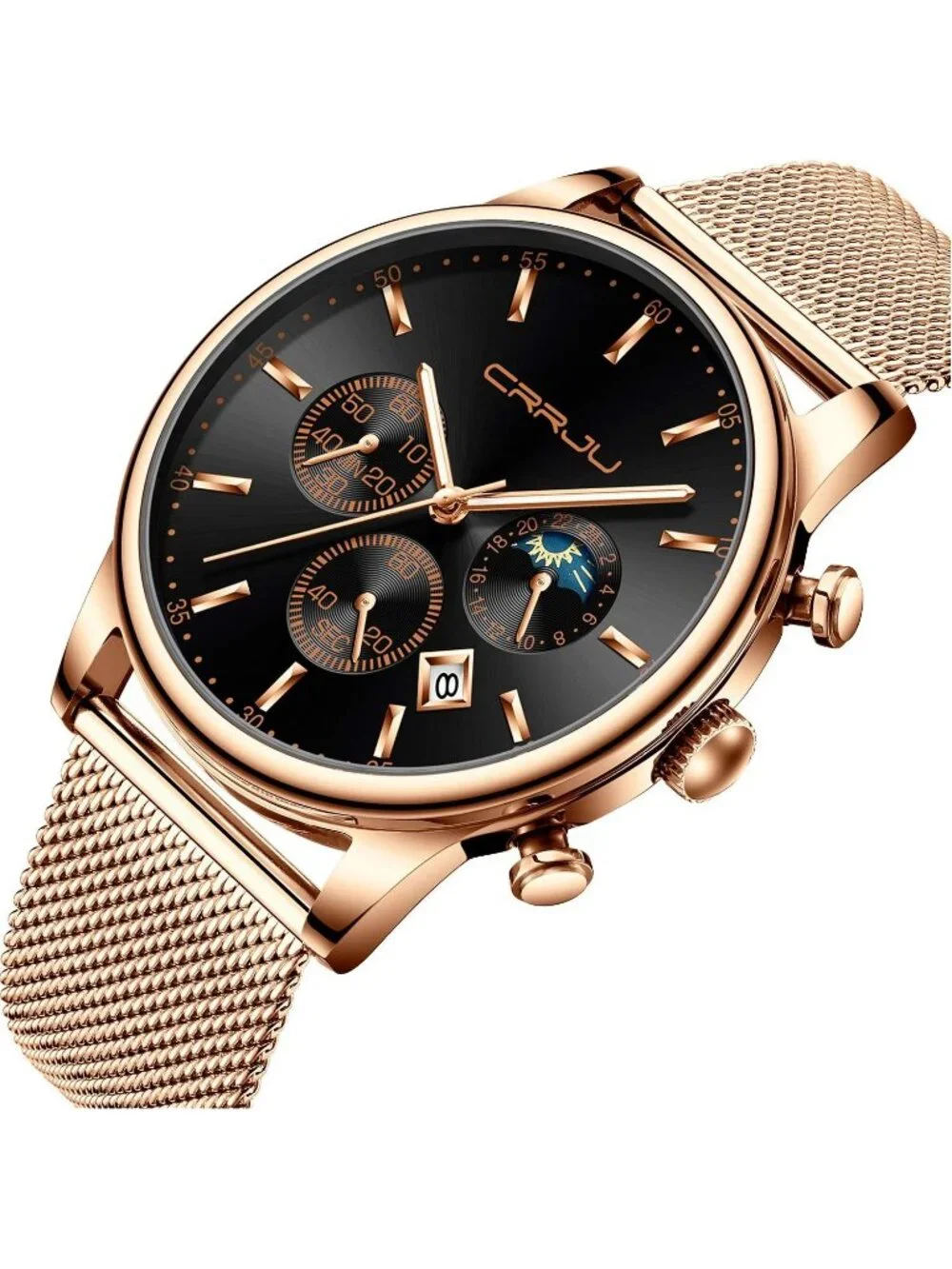 Men's Rose Black Chronograph Auto Date Steel Quartz with Mesh Strap Wristwatch